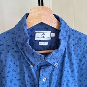 Souther Tide Blue Pineapple Short Sleeve Button Up Cotton Classic Shirt Mens L